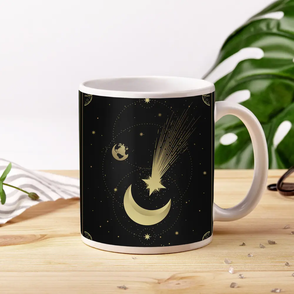 Gold Moon Shooting Star Dark Celestial Art – Mugs