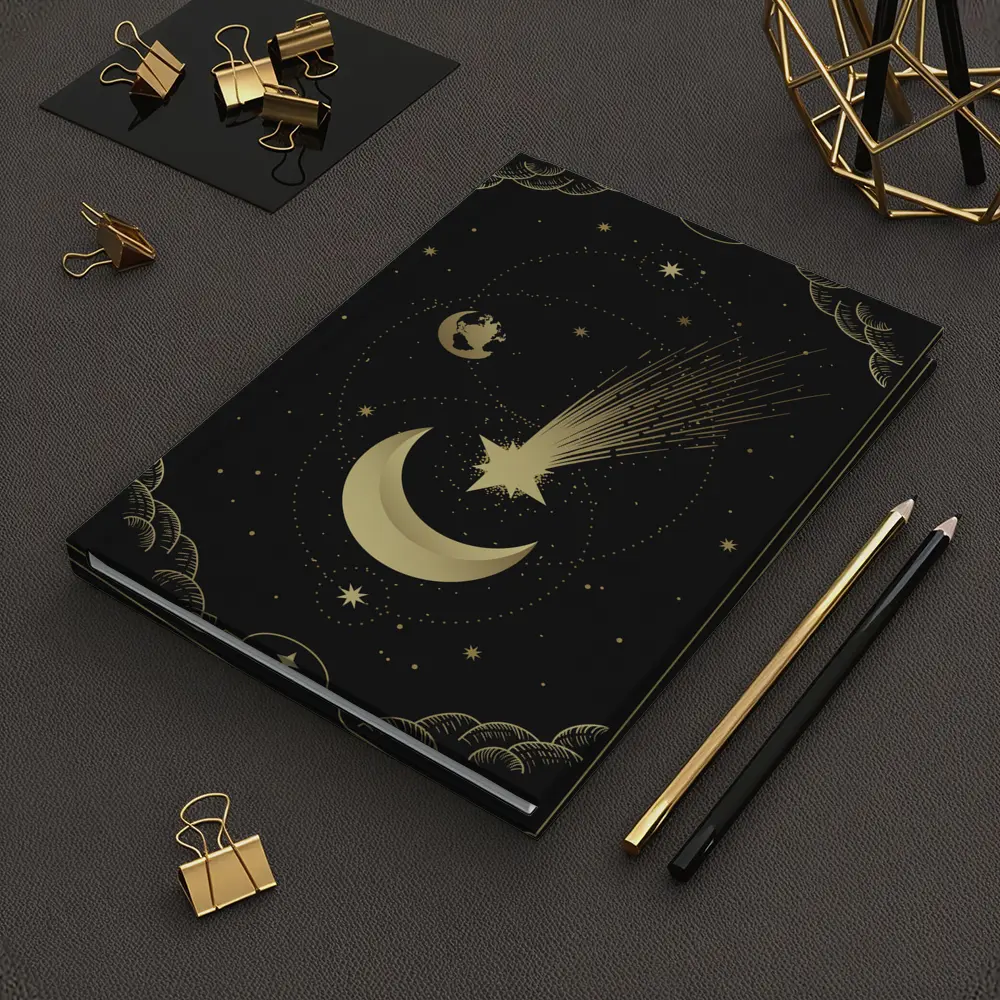 Gold Moon Shooting Star Dark Celestial Art – Notebooks