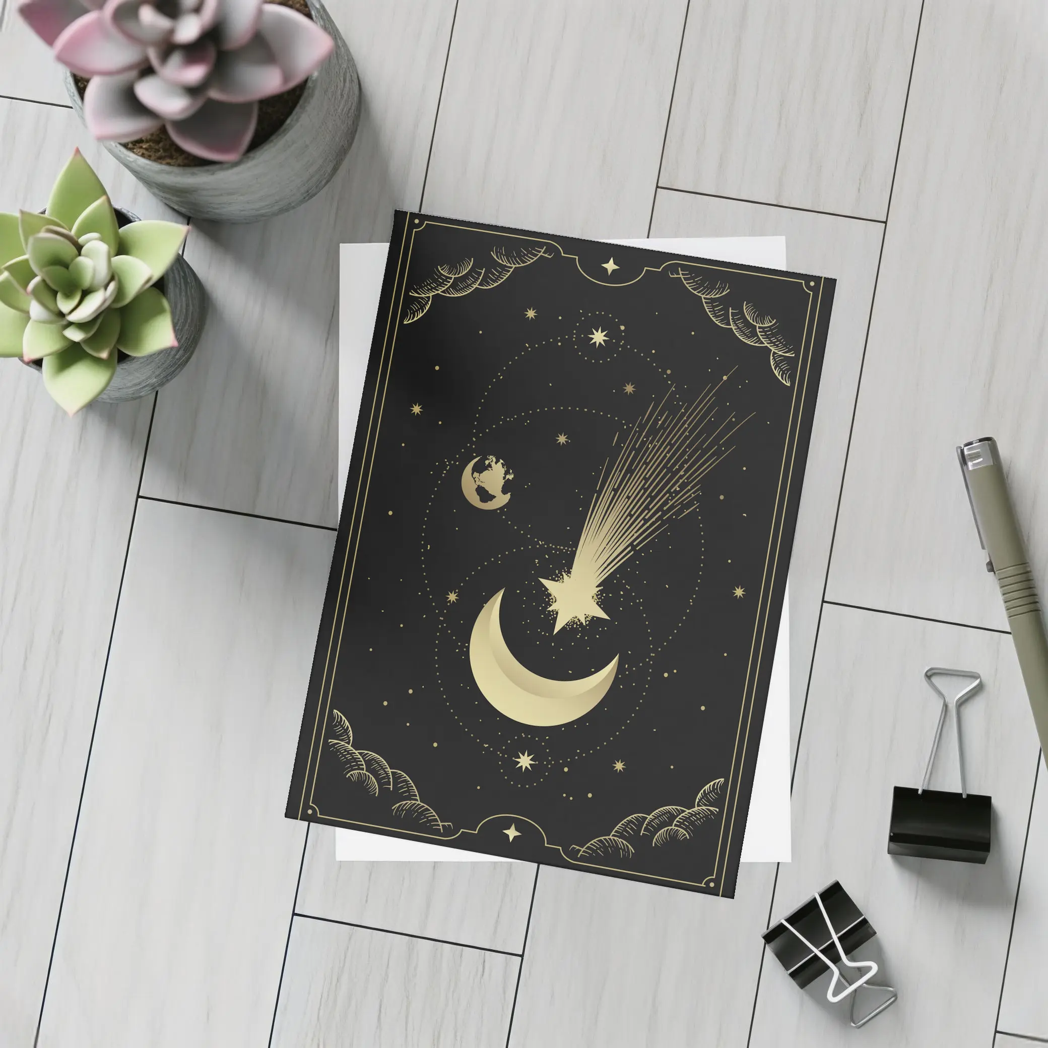 Gold Moon Shooting Star Dark Celestial Art – Postcards