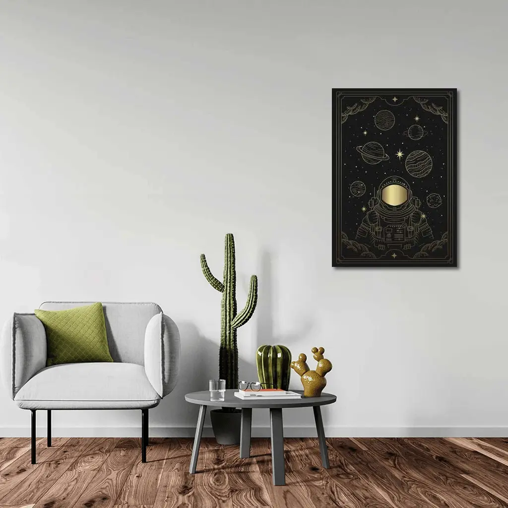 Gold Astronaut Space Planets Dark Sky – Wall Art