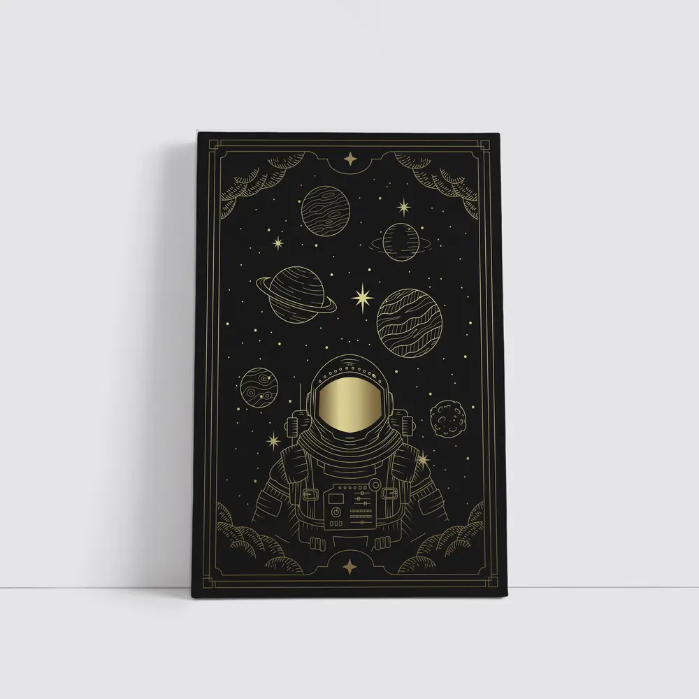 Gold Astronaut Space Planets Dark Sky – Wall Art