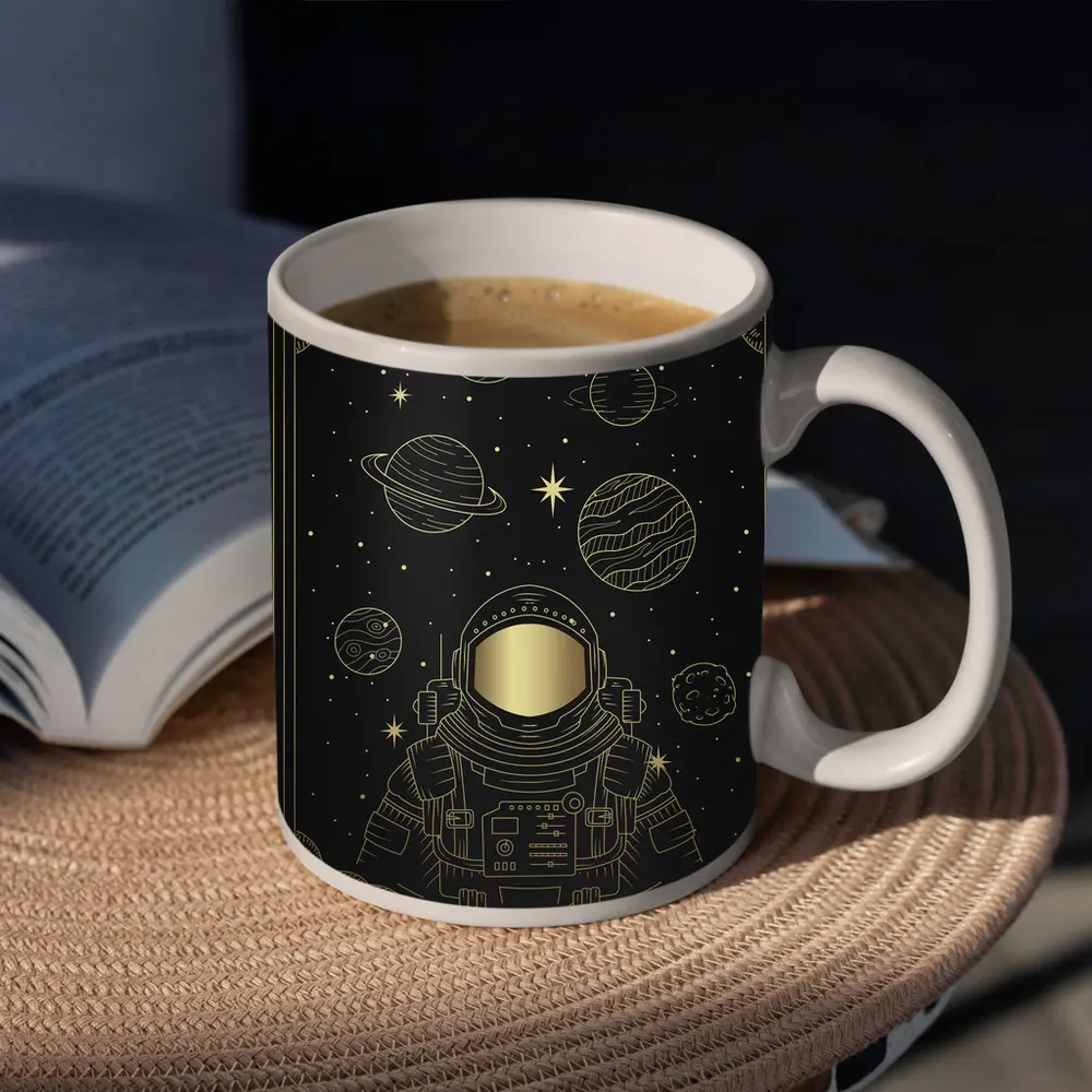 Gold Astronaut Space Planets Dark Sky – Mugs