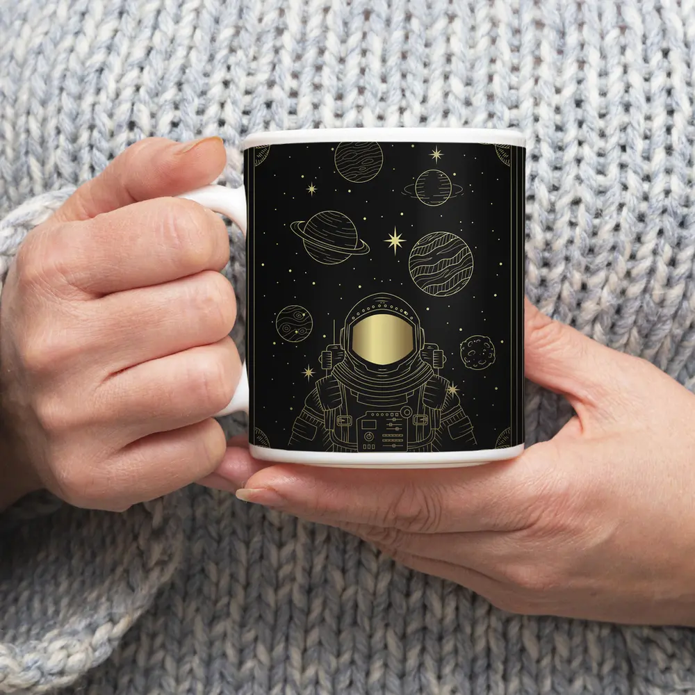 Gold Astronaut Space Planets Dark Sky – Mugs