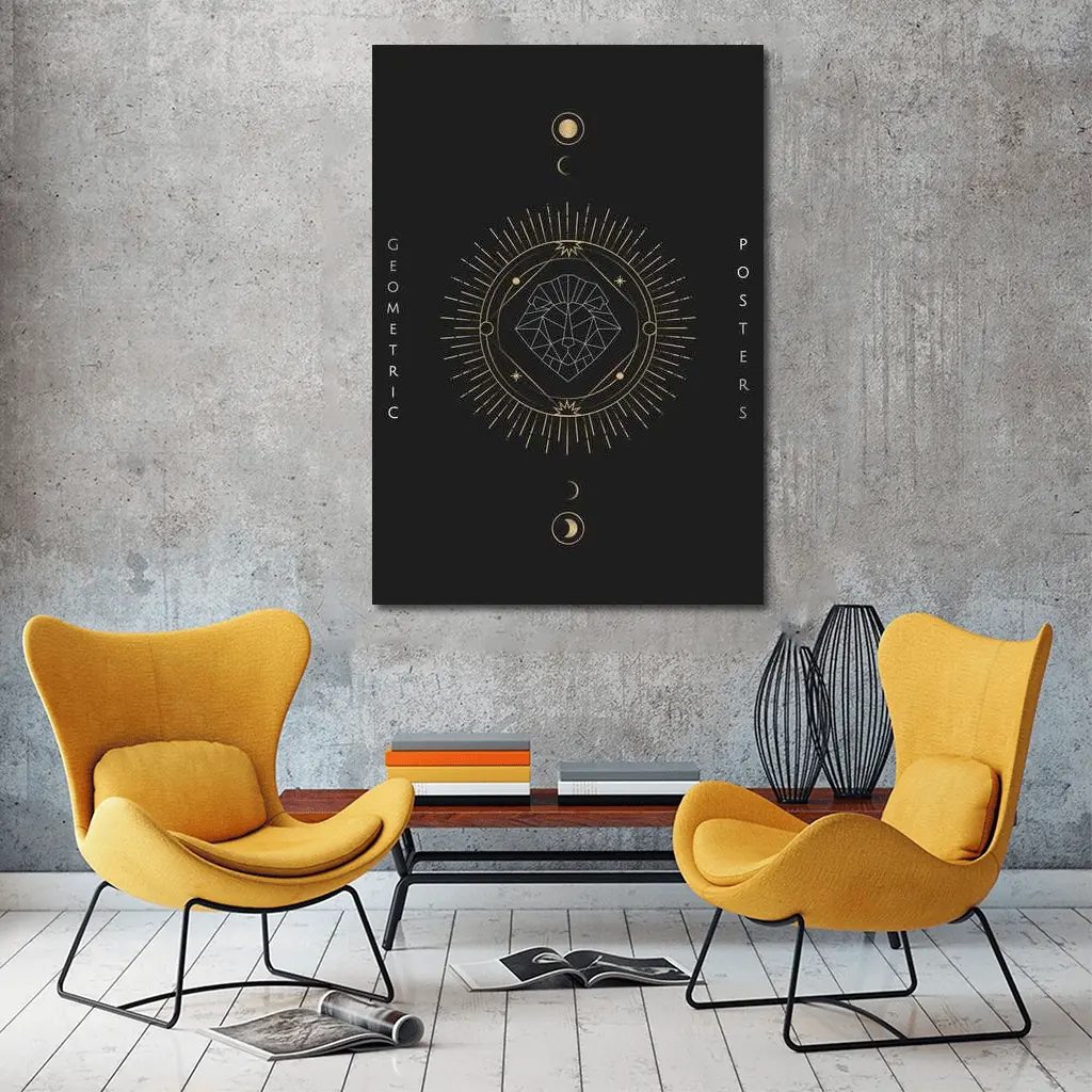 Geometric Lion Gold Moon Phases Dark – Wall Art