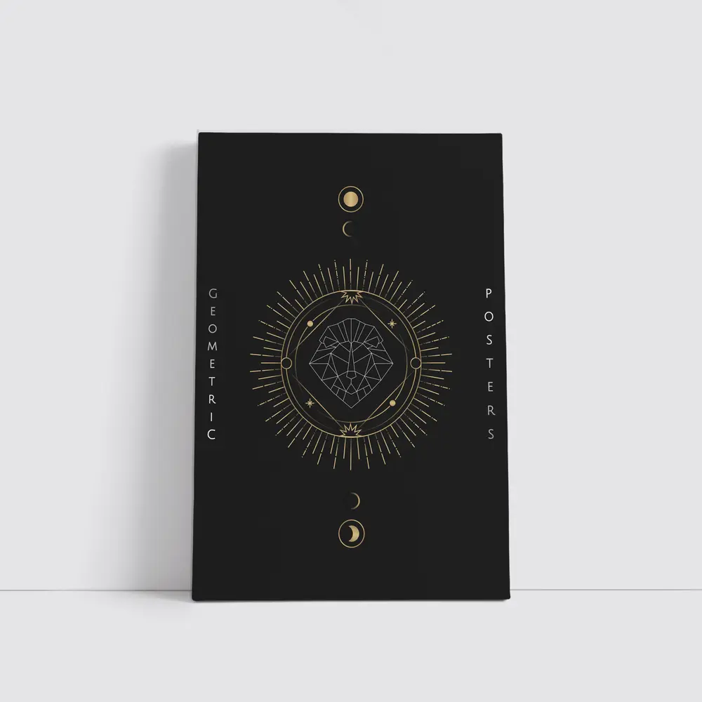 Geometric Lion Gold Moon Phases Dark – Wall Art