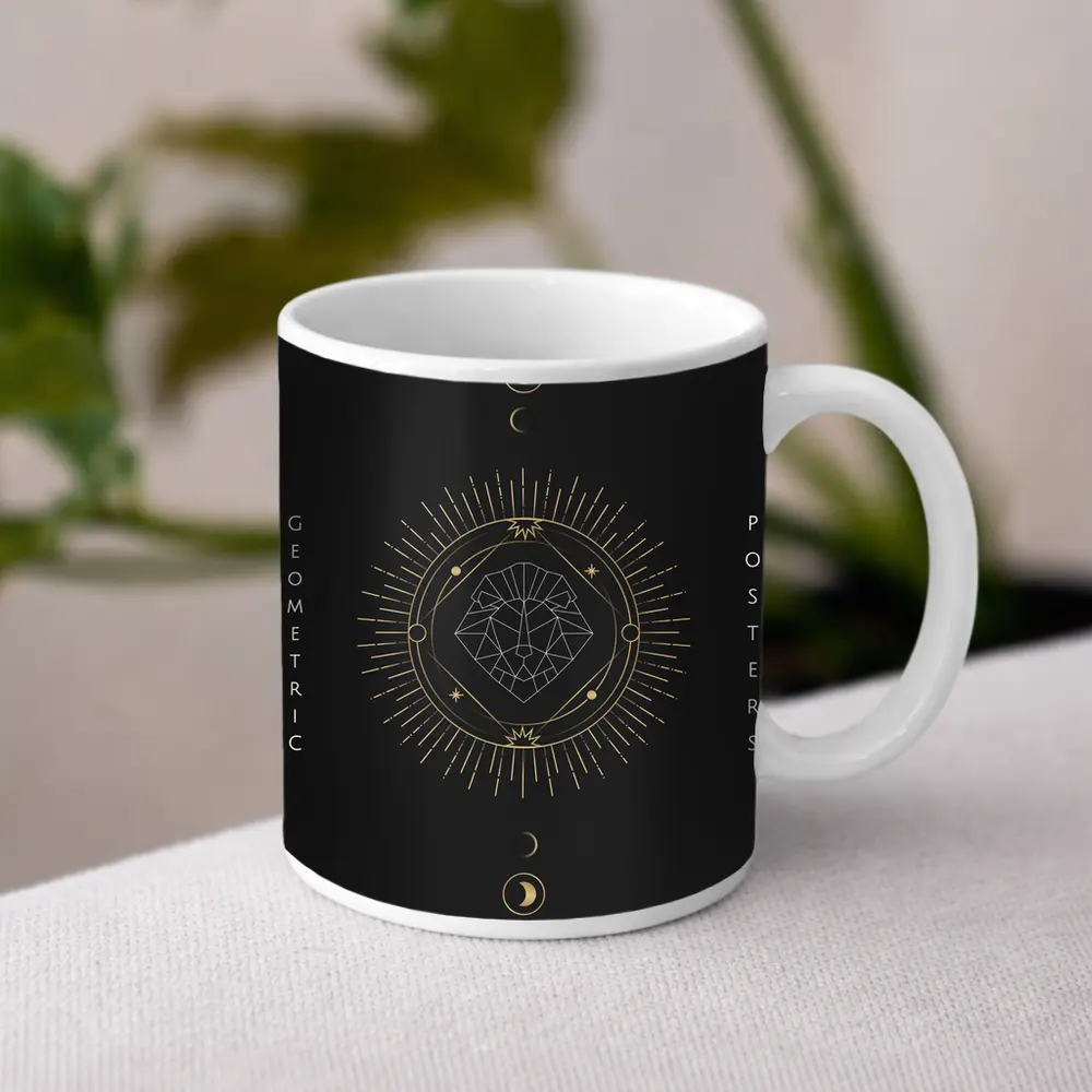 Geometric Lion Gold Moon Phases Dark – Mugs