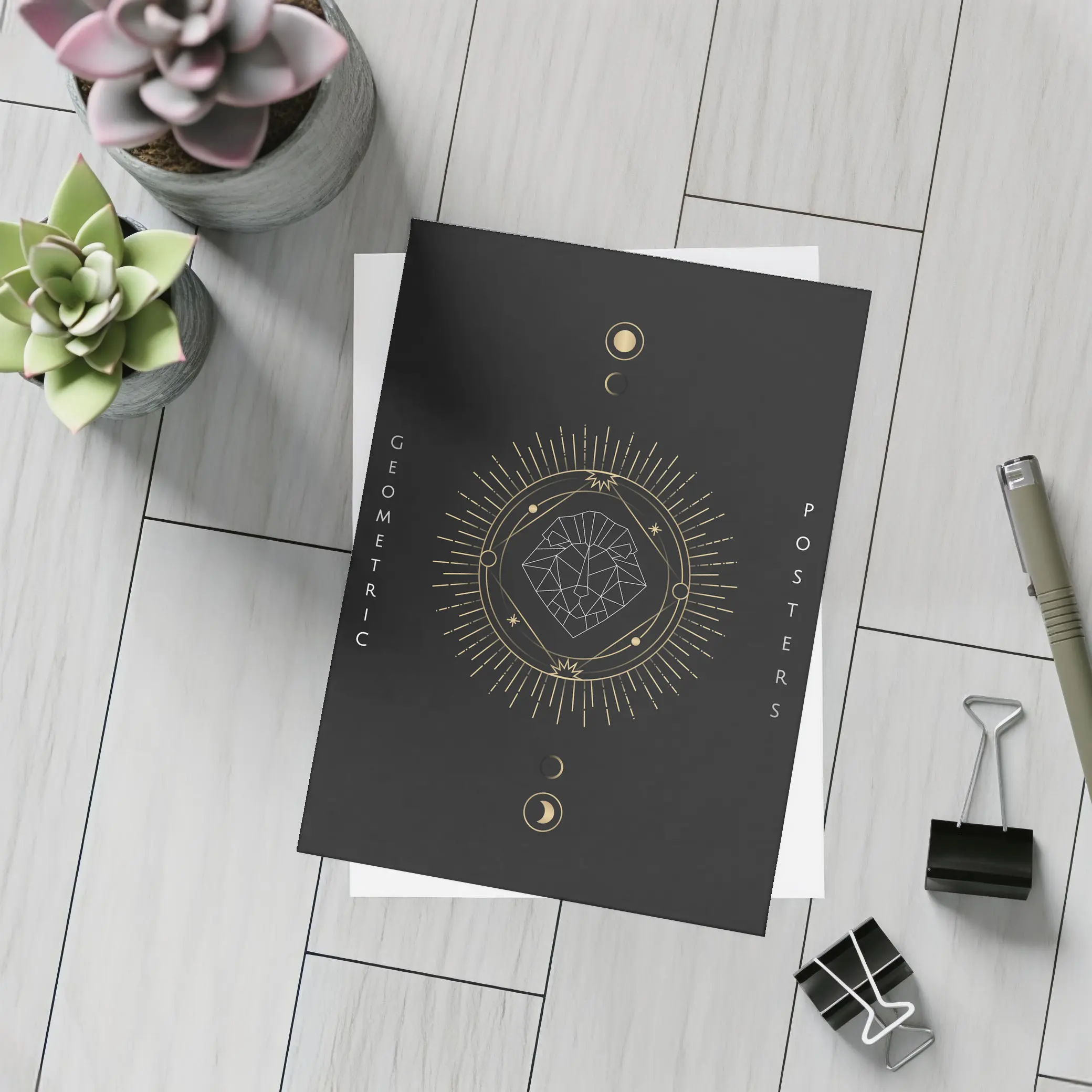 Geometric Lion Gold Moon Phases Dark – Postcards