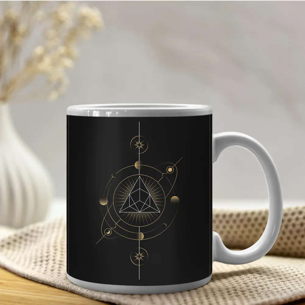 Sacred Geometry Gold Triangle Dark Background – Mugs