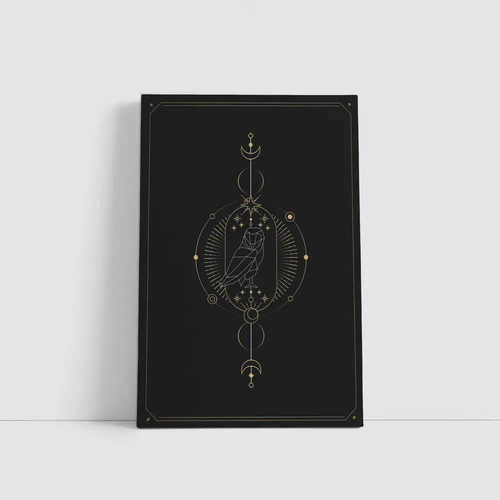 Geometric Owl Gold Celestial Moon Dark – Wall Art
