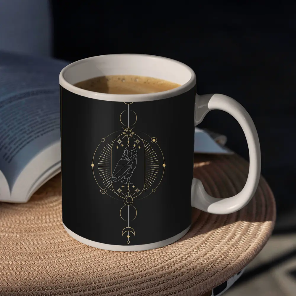 Geometric Owl Gold Celestial Moon Dark – Mugs