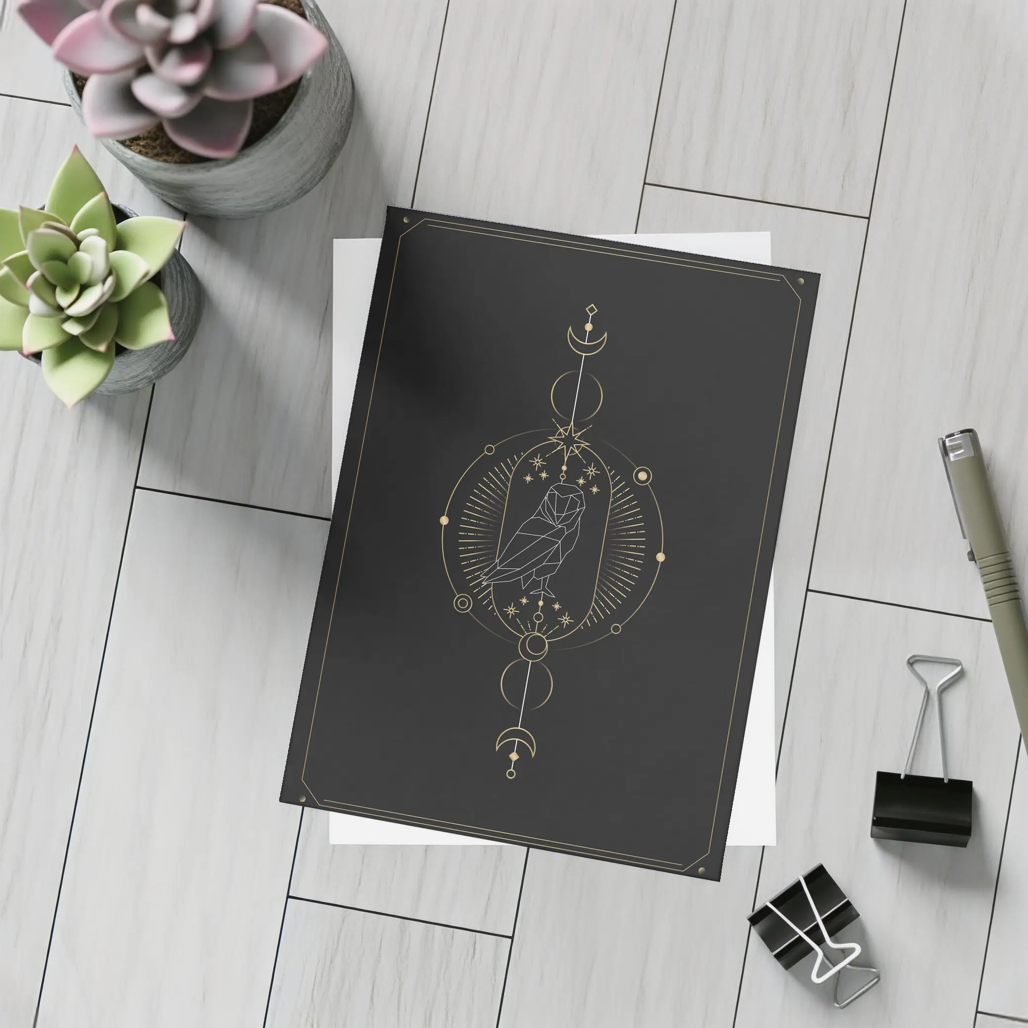 Geometric Owl Gold Celestial Moon Dark – Postcards