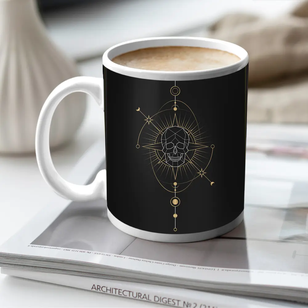 Geometric Skull Gold Celestial Dark Background – Mugs
