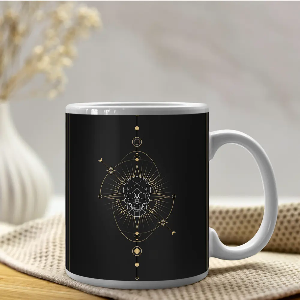 Geometric Skull Gold Celestial Dark Background – Mugs
