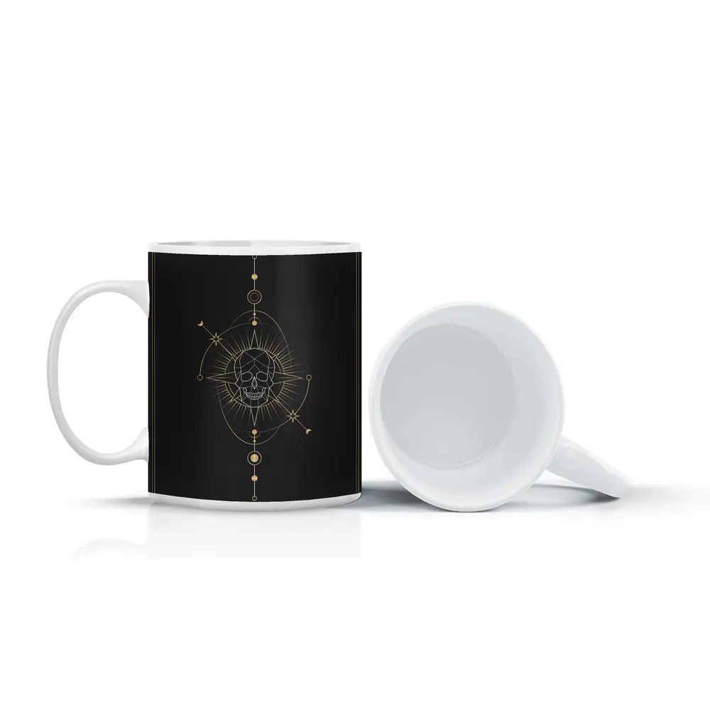 Geometric Skull Gold Celestial Dark Background – Mugs