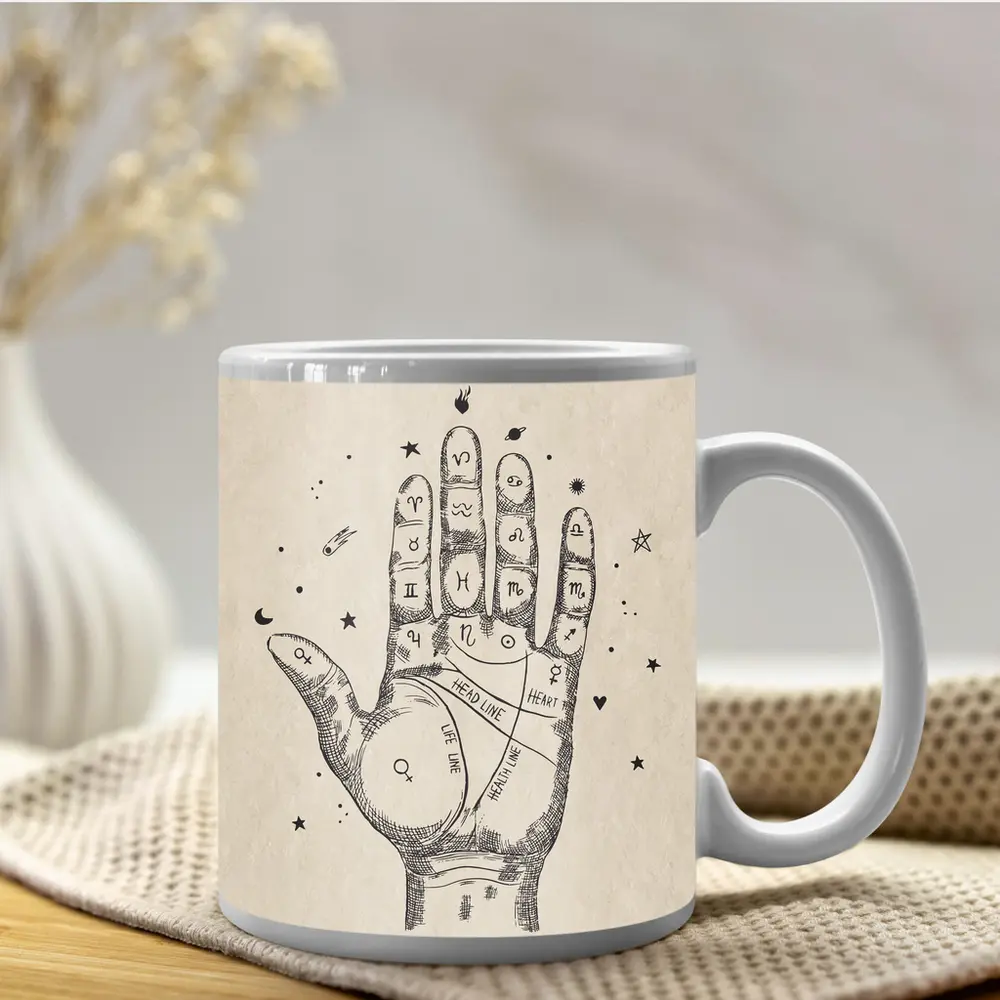 Palmistry Hand Chart Zodiac Astrology Beige Art – Mugs