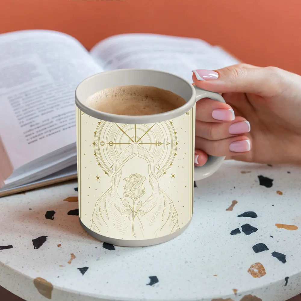 Hooded Figure Rose Compass Mystical Gold Art – Mugs