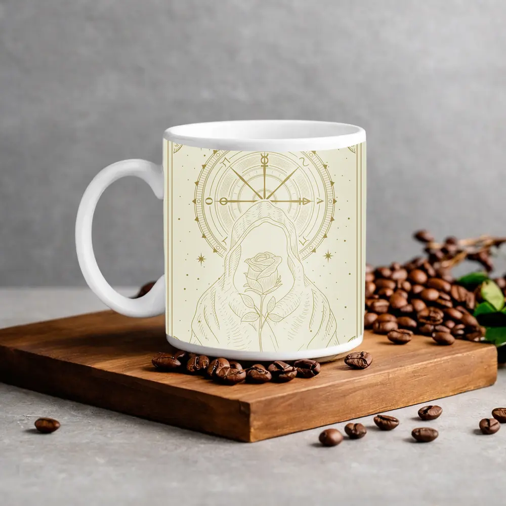 Hooded Figure Rose Compass Mystical Gold Art – Mugs
