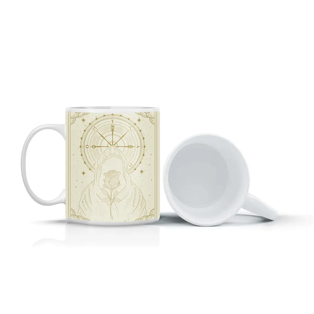 Hooded Figure Rose Compass Mystical Gold Art – Mugs