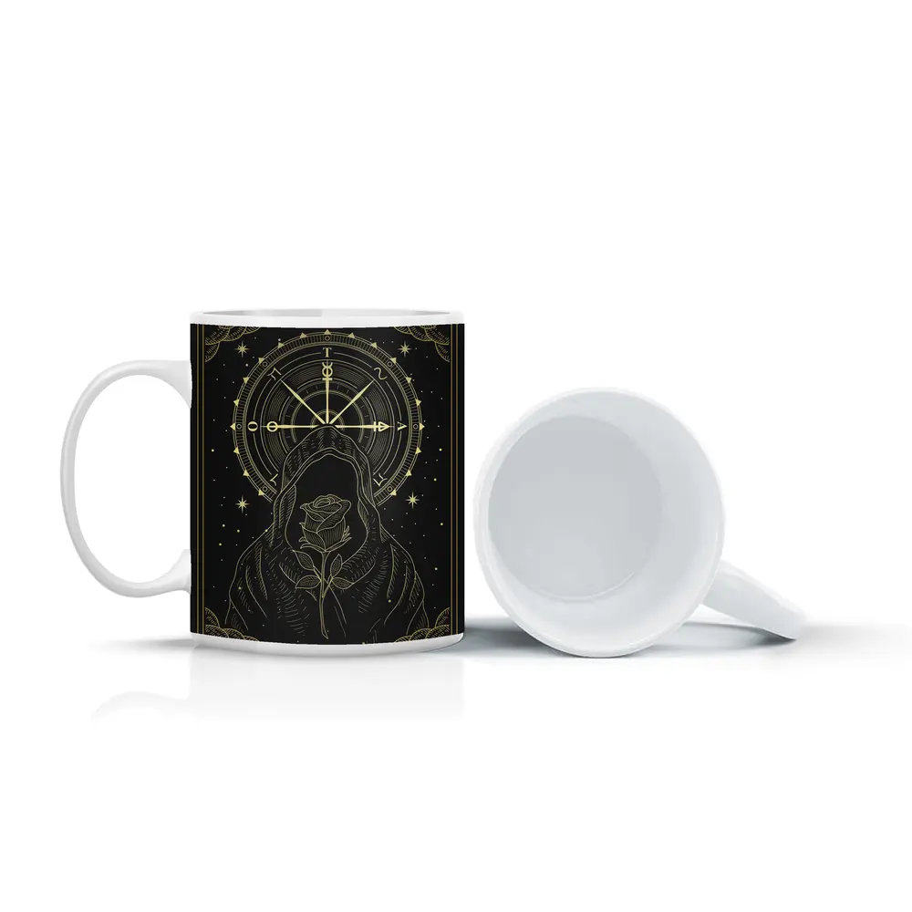 Hooded Figure Rose Gold Compass Dark Art – Mugs