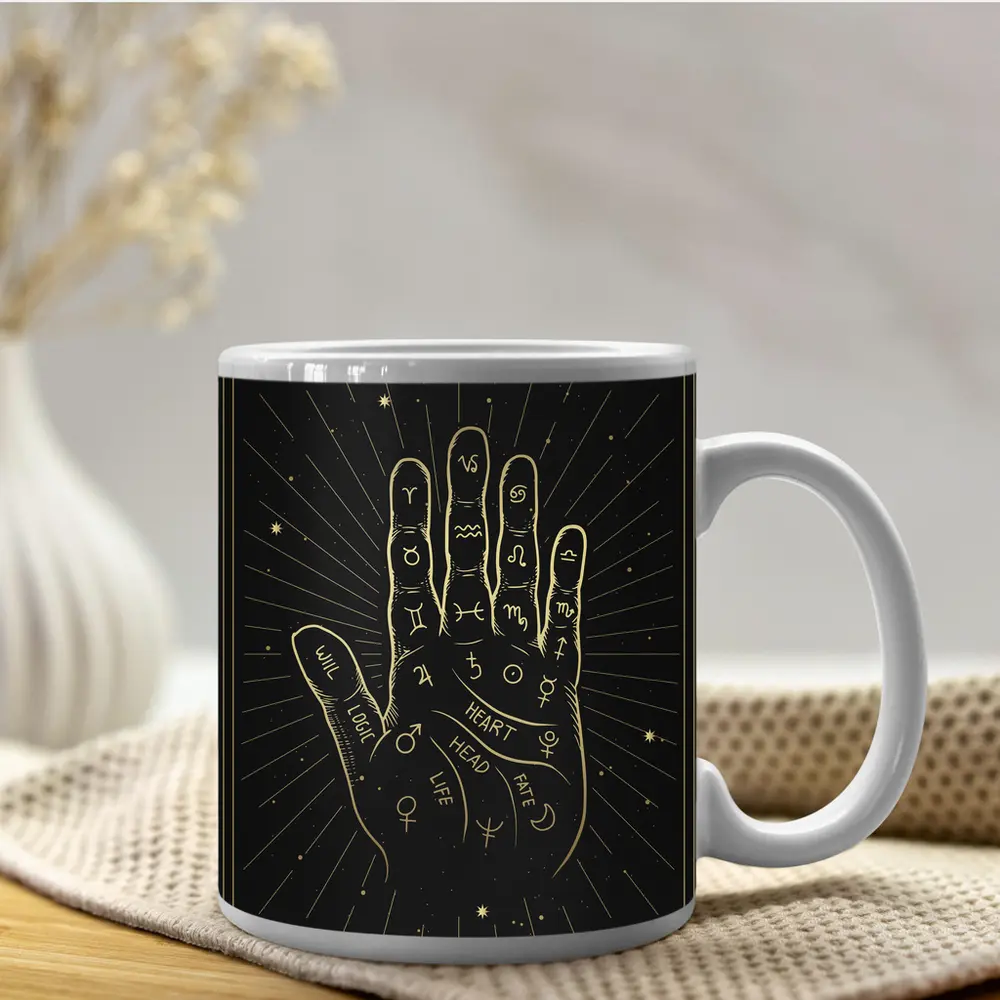 Palmistry Hand Zodiac Symbols Gold Black – Mugs