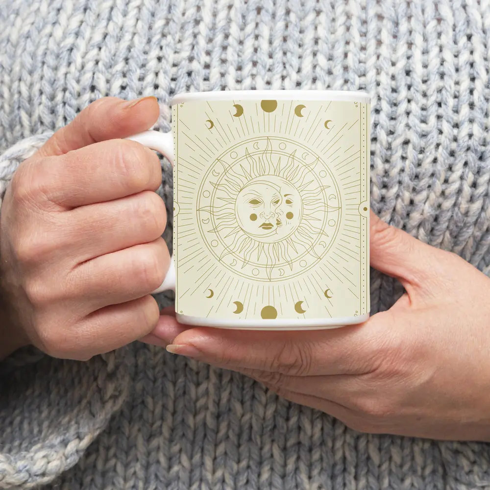 Celestial Sun Moon Phases Gold Beige Art – Mugs