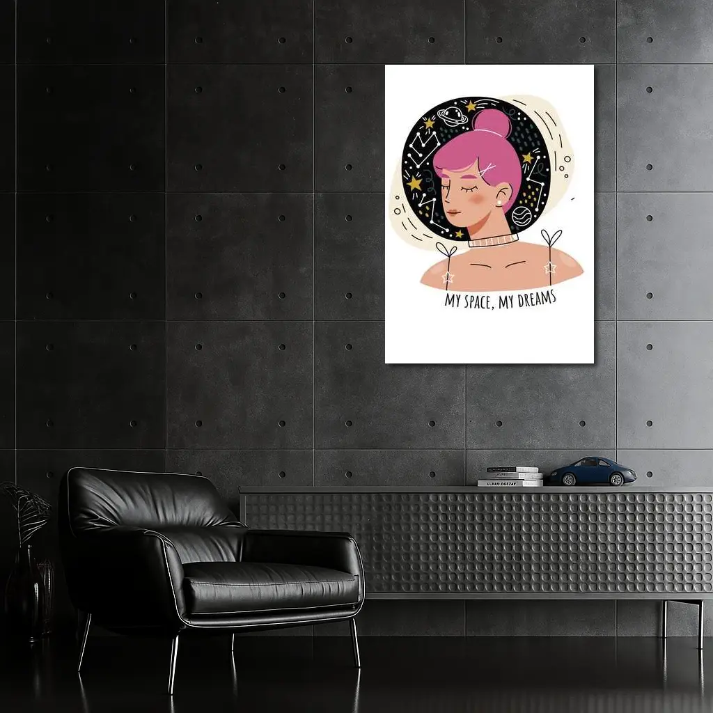 Pink Hair Girl Space Dreams Illustration Art – Wall Art