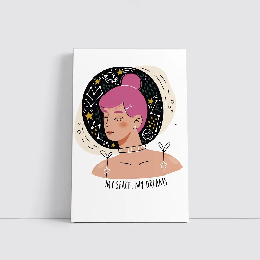 Pink Hair Girl Space Dreams Illustration Art – Wall Art