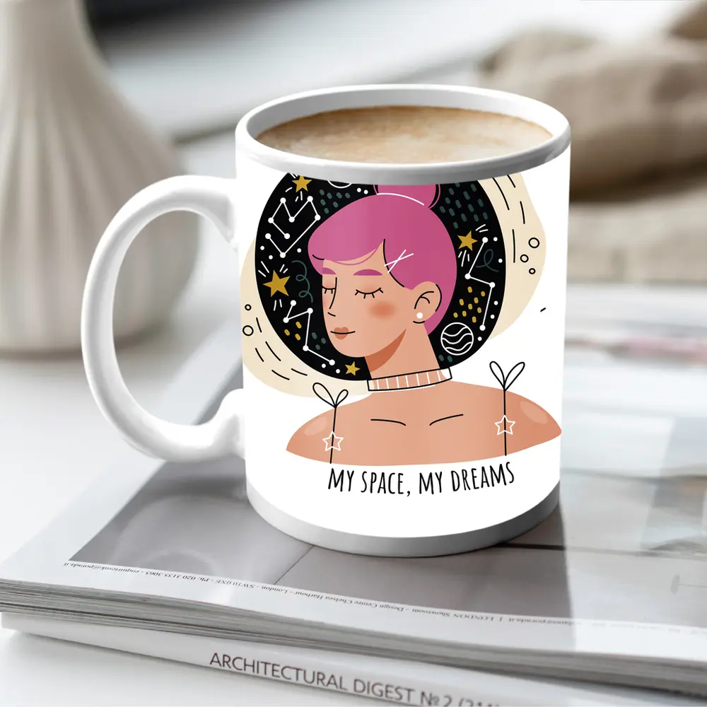 Pink Hair Girl Space Dreams Illustration Art – Mugs