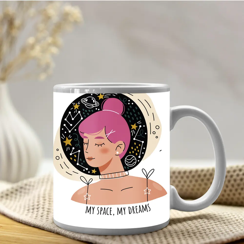 Pink Hair Girl Space Dreams Illustration Art – Mugs