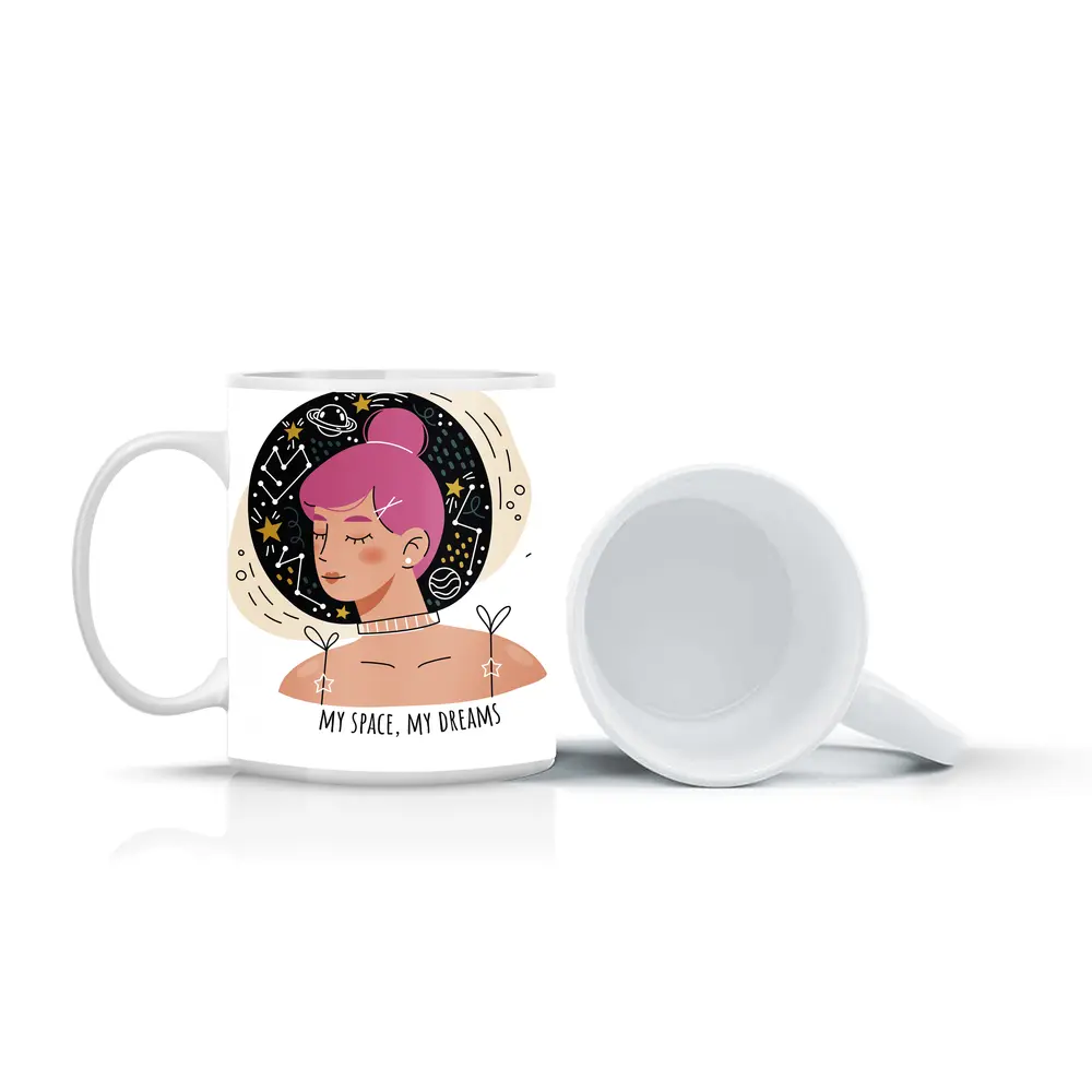 Pink Hair Girl Space Dreams Illustration Art – Mugs