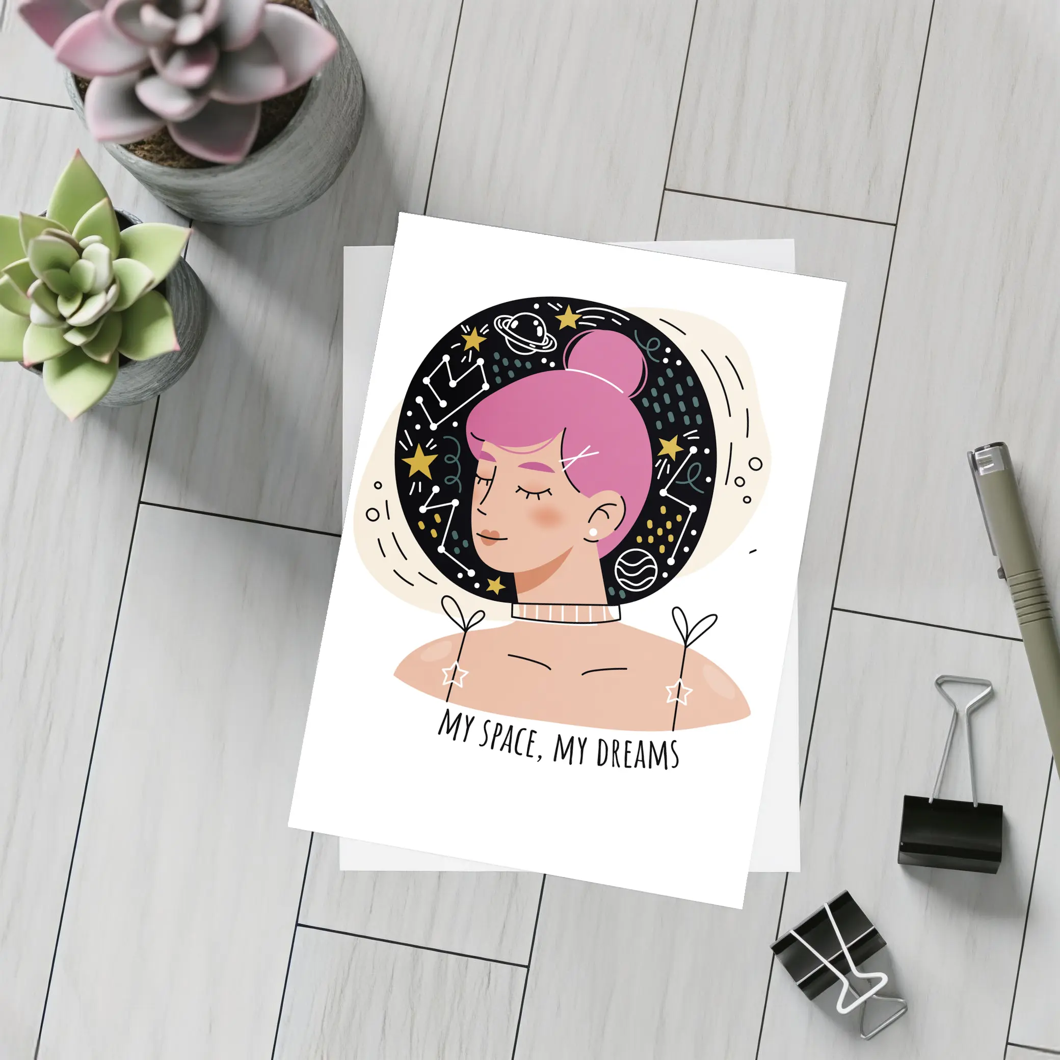 Pink Hair Girl Space Dreams Illustration Art – Postcards