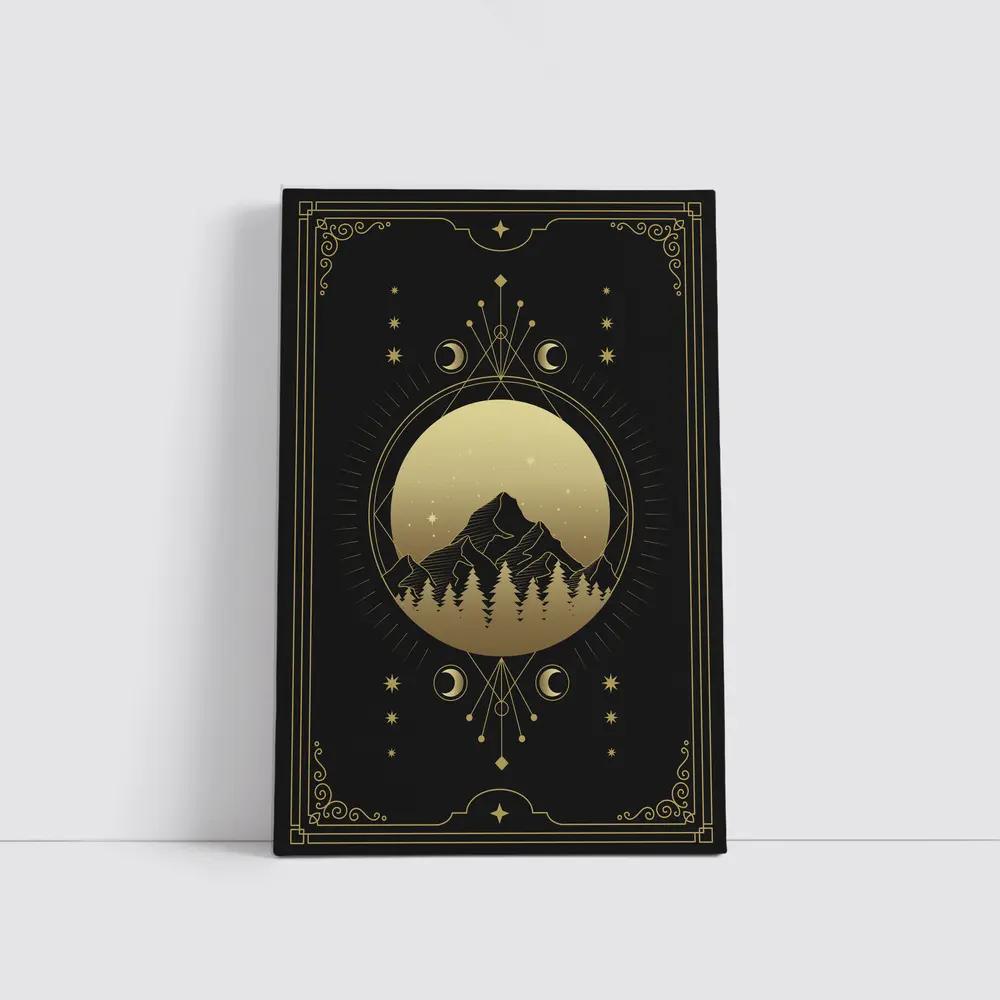 Gold Moon Phase Mountain Night Sky Art – Wall Art