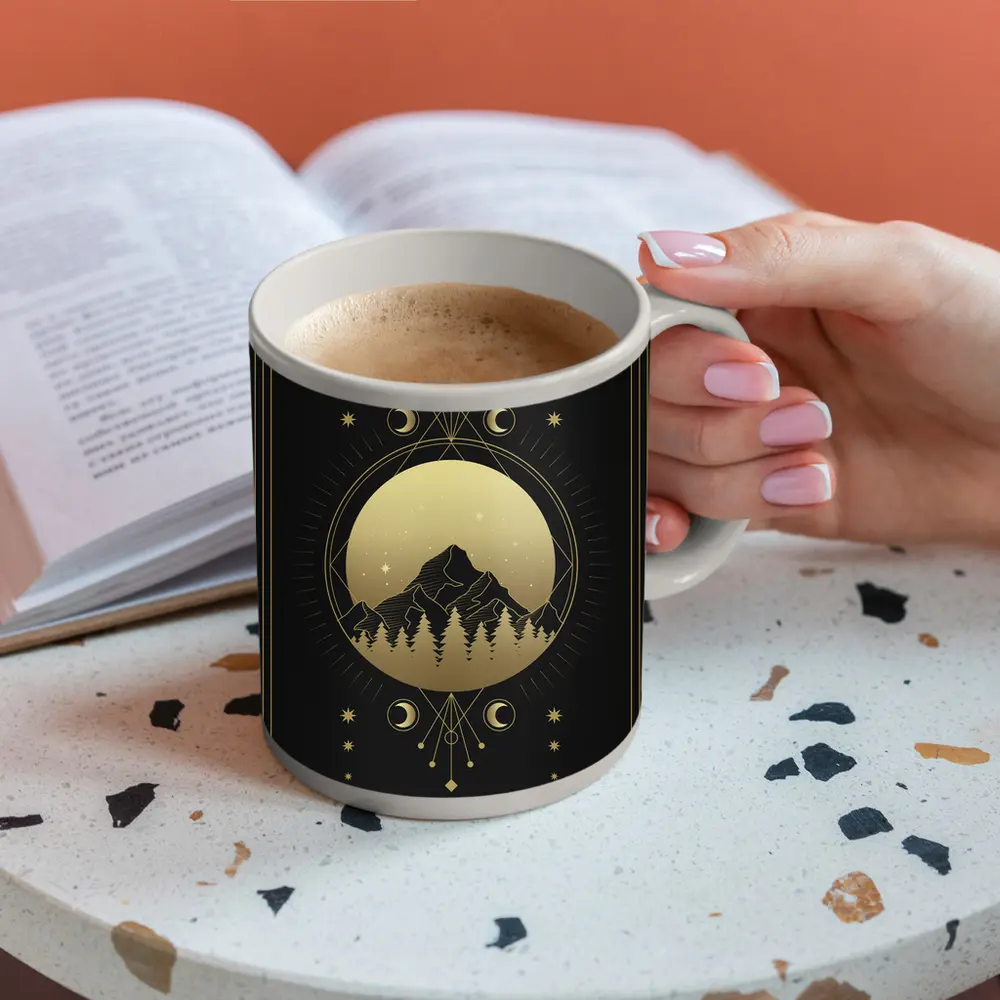 Gold Moon Phase Mountain Night Sky Art – Mugs
