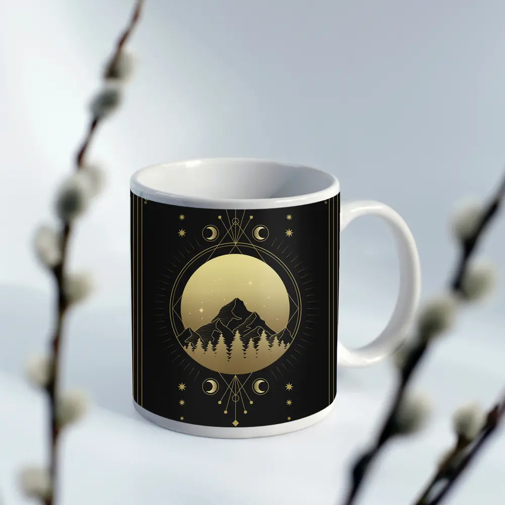 Gold Moon Phase Mountain Night Sky Art – Mugs