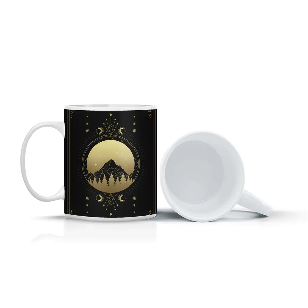 Gold Moon Phase Mountain Night Sky Art – Mugs