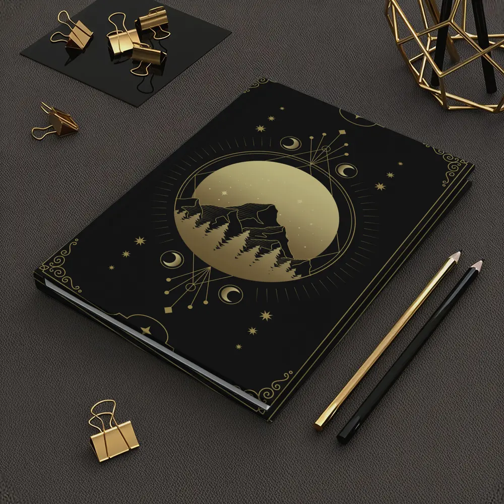 Gold Moon Phase Mountain Night Sky Art – Notebooks