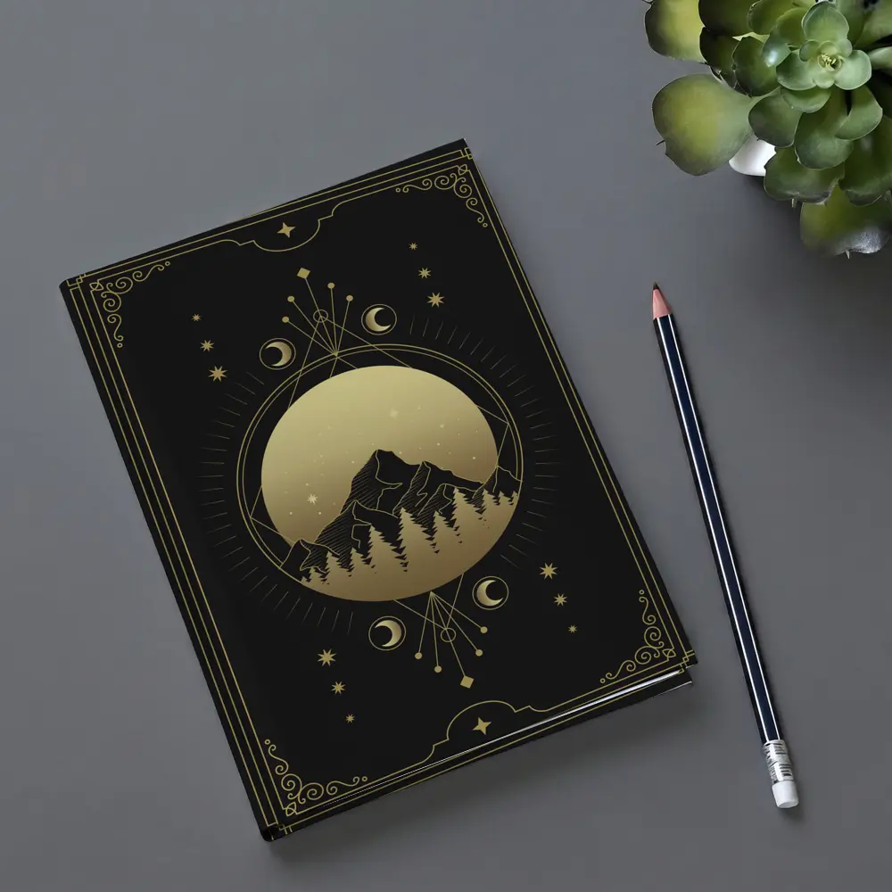Gold Moon Phase Mountain Night Sky Art – Notebooks