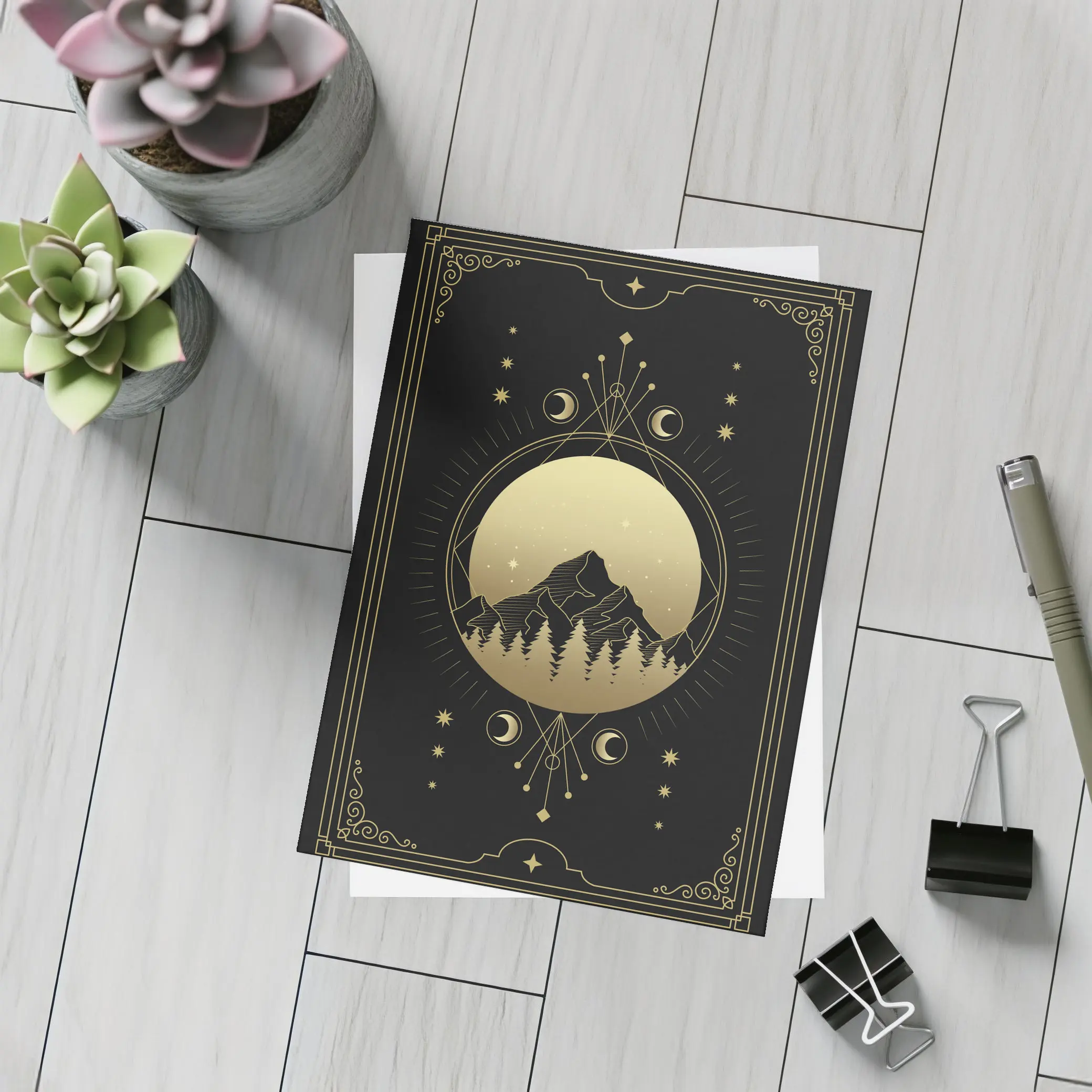 Gold Moon Phase Mountain Night Sky Art – Postcards