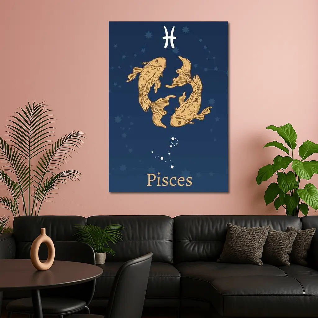 Pisces Zodiac Sign Gold Fish Dark Blue – Wall Art