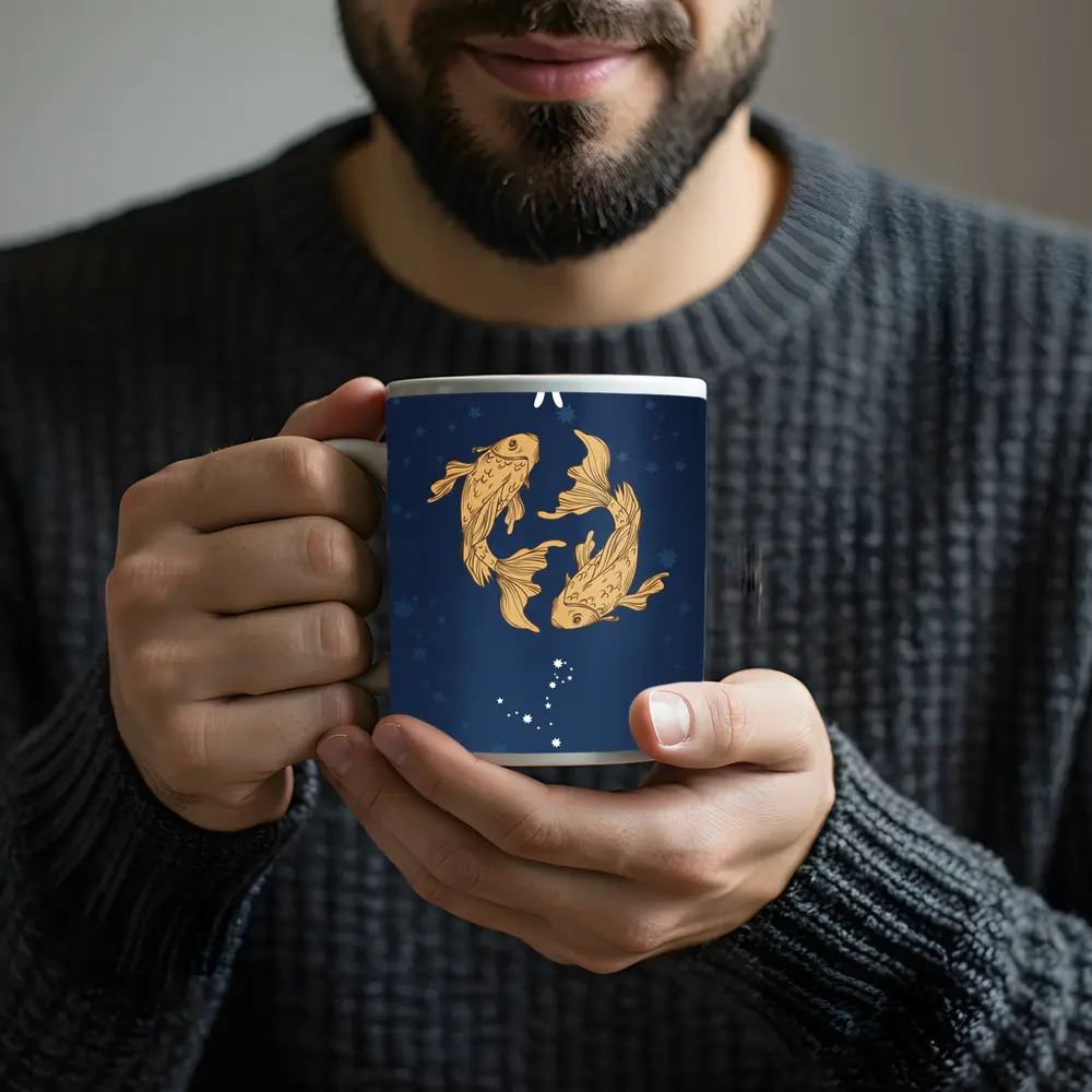 Pisces Zodiac Sign Gold Fish Dark Blue – Mugs