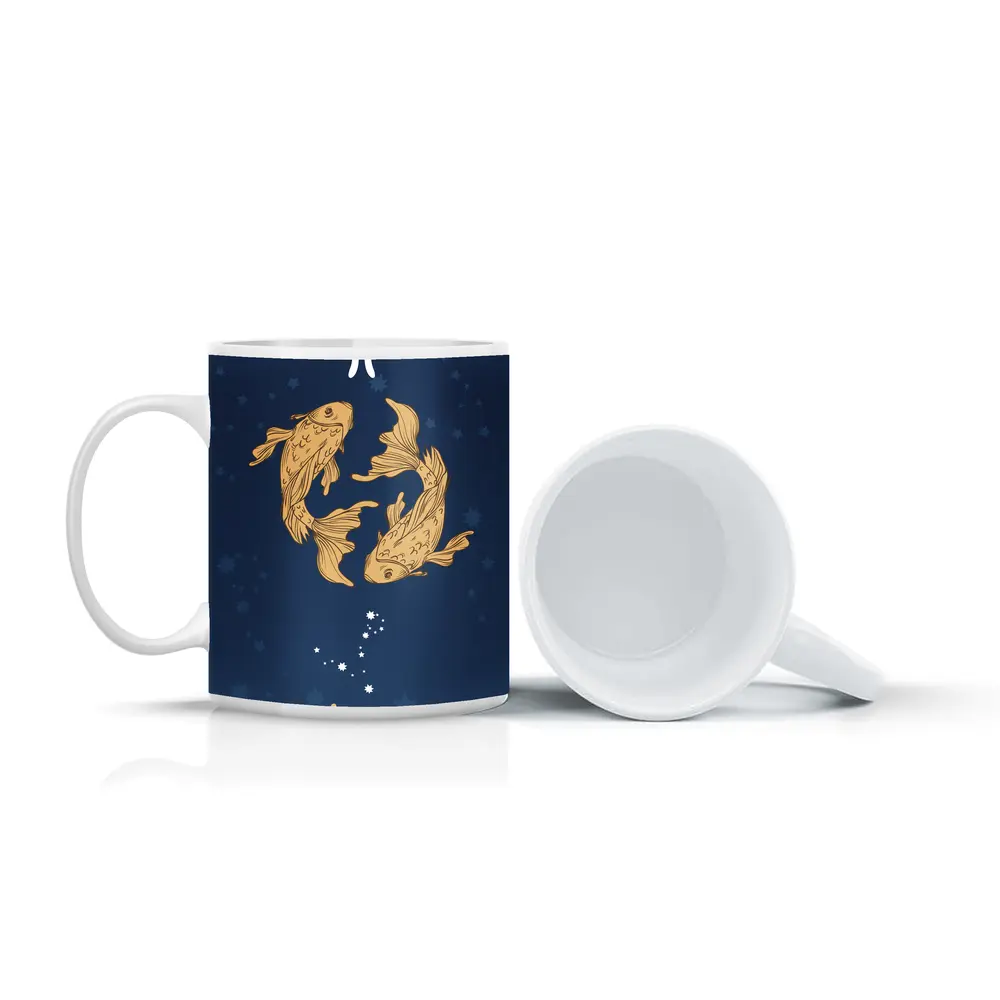 Pisces Zodiac Sign Gold Fish Dark Blue – Mugs