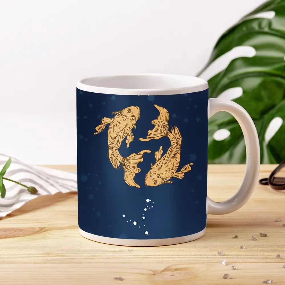 Pisces Zodiac Sign Gold Fish Dark Blue – Mugs