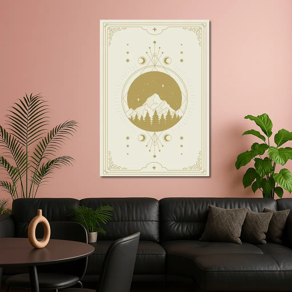 Celestial Mountain Forest Moon Phase Gold Art – Wall Art