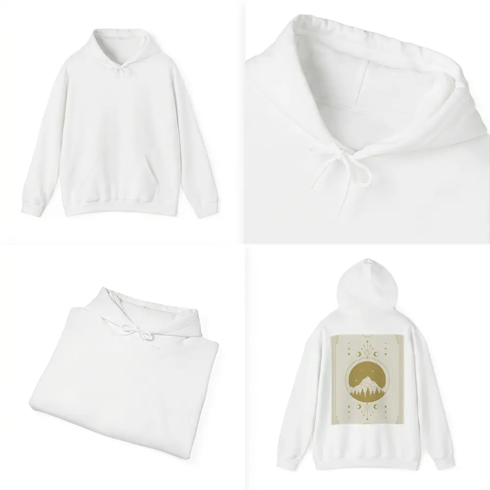 Celestial Mountain Forest Moon Phase Gold Art – Hoodies