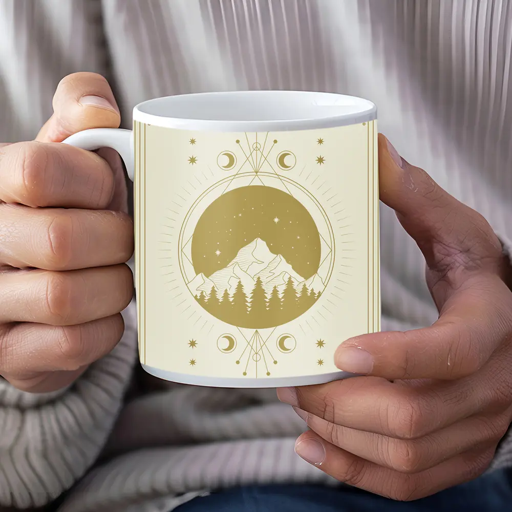 Celestial Mountain Forest Moon Phase Gold Art – Mugs
