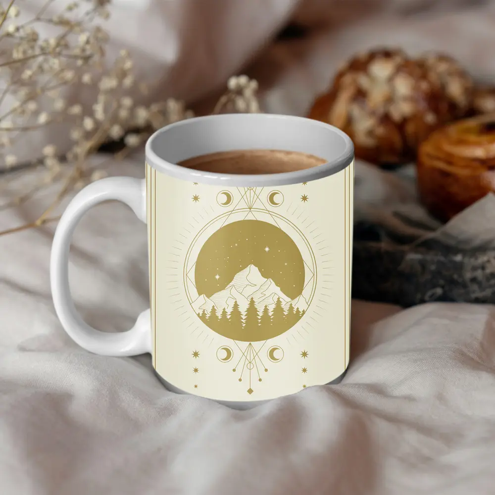 Celestial Mountain Forest Moon Phase Gold Art – Mugs