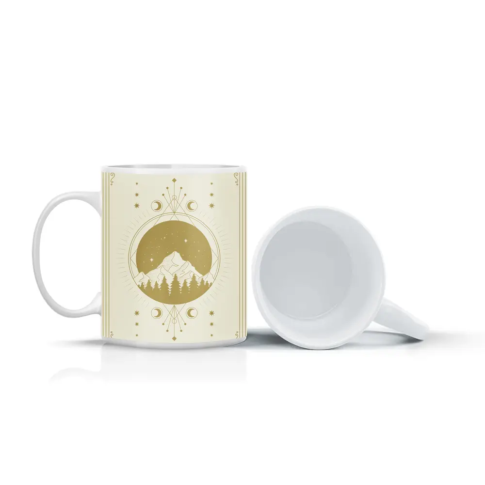 Celestial Mountain Forest Moon Phase Gold Art – Mugs