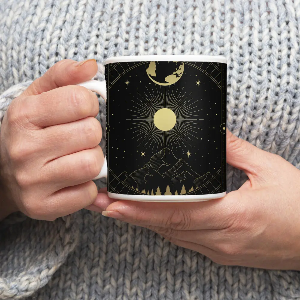Gold Celestial Mountain Sun Moon Art – Mugs