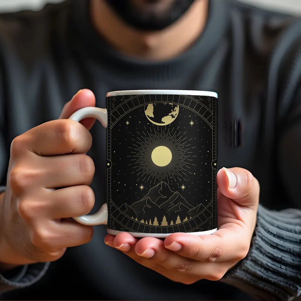 Gold Celestial Mountain Sun Moon Art – Mugs