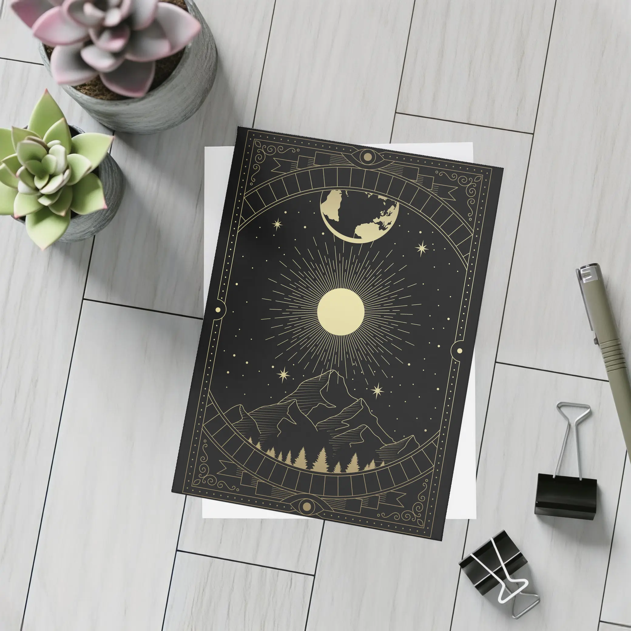 Gold Celestial Mountain Sun Moon Art – Postcards
